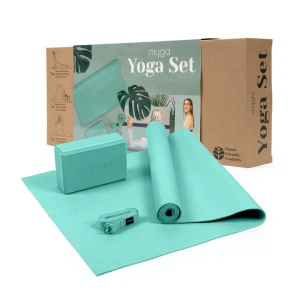 Zestaw do jogi myga Yoga Starter Kit: mata, klocek, pasek - turkusowy