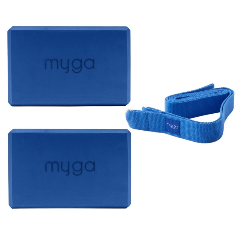 Zestaw do jogi Myga – klocek Foam Block + pasek 2 w 1 - niebieski