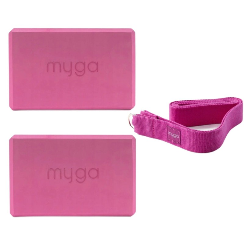 Zestaw do jogi Myga – klocek Foam Block + pasek 2 w 1 - różowy