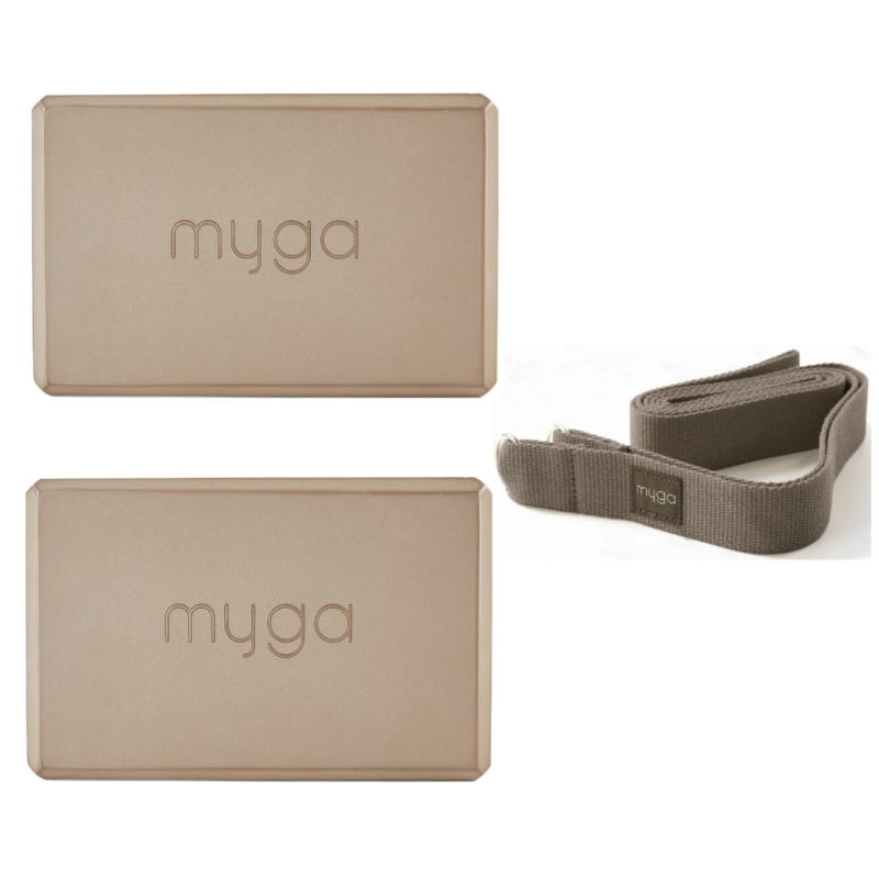 Zestaw do jogi Myga – klocek Foam Block + pasek 2 w 1 - brązowy