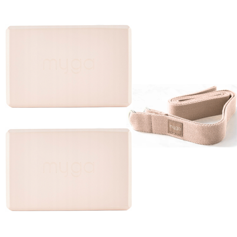 Zestaw do jogi Myga – klocek Foam Block + pasek 2 w 1 - pudrowy