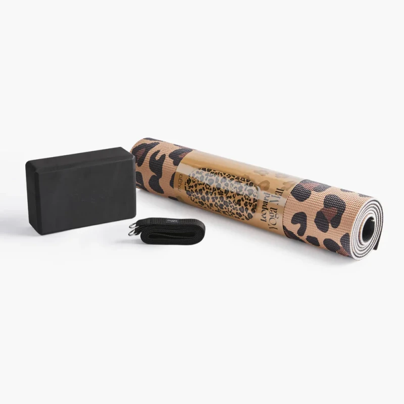 Zestaw do jogi myga Leopard Yoga Set: mata, klocek, pasek