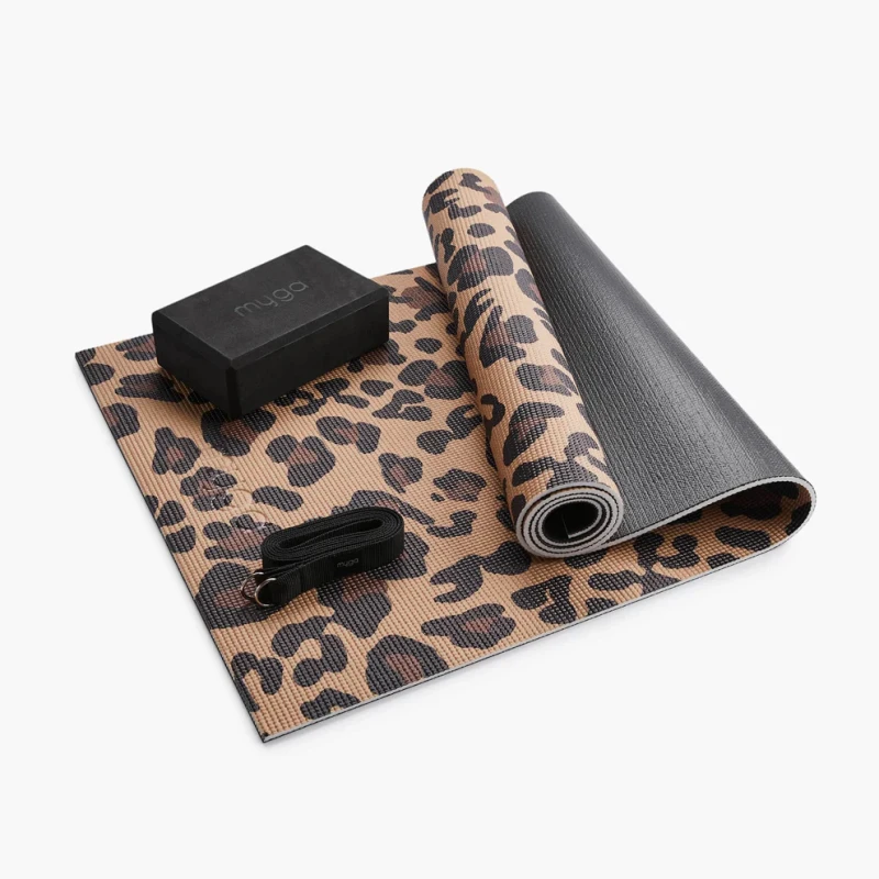 Zestaw do jogi myga Leopard Yoga Set: mata, klocek, pasek