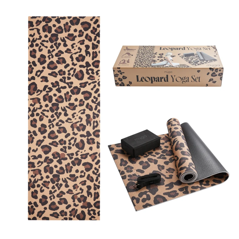 Zestaw do jogi myga Leopard Yoga Set: mata, klocek, pasek